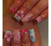 MouyouGlow Press on Nails Largo, Square Rosa Azul French 3D Flores Floral Bubble Diamond Ocean Concha Diseño almendra Fake Nails, Blue Tips Conch Sweet Summer INS Artificial Uñas Artificiales