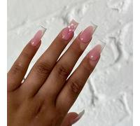 MouyouGlow Press on Nails Largo, Square Rosa Blanco French Flor de Melocotón Flores Diseño Floral Falso Nails con Pegamento de Uñas, Base Rosa White Tips Flowers Verano INS Sweet Artificial