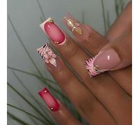 MouyouGlow Press on Nails Largo, Square Rosa Leopard French 3D Flores Floral Sparkly Gold Beads Design Y2K Fake Nails con pegamento para uñas, puntas rosas Bling Flowers Verano INS Uñas Artificiales