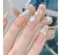 MouyouGlow Press on Nails Longitud media, Bailarina 3D Sakura Japón Flores Flores Ojo de Gato Magnético Perlas Francesas Línea Dorada Fairy Fake Nails con Pegamento para Uñas, Floral Sweet Artificial