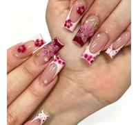 MouyouGlow Press on Nails Middle Lang,Square Blanco Rojo French 3D Flores Floral Estrellas Perlas Oro Perlas Concha Diseño Falso Nails,White Tips Flower Summer INS Artificial Uñas Artificiales