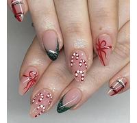 MouyouGlow Press on Nails Mittel,Almond Grün French Biling Bow Schleife Candy Cane Weihnachten Neujahr Cute Fake Nails mit Nagelkleber Nagel,Red Nochester New Year künstliche Fingernägel