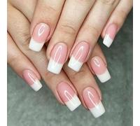 MouyouGlow Press on Nails Share White French Sheer Nude Base Design Short Fake Nails, White Tips Natural Verano INS Artificial Uñas Artificiales