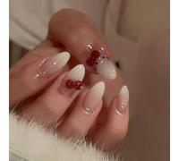 MouyouGlow Press on Nails Short Almond Nude Gradient White Cute Kawaii Kitty 3D Loop Pajarita Lazo Lazo de Diamante Falso Nails con pegamento para uñas, color natural degradado blanco uñas