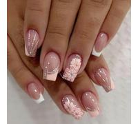 MouyouGlow Press on Nails Short Short Square Nude White French Orange Flores Floral Glitter Striped Summer Fake Nails con pegamento para uñas, White Tips Sweet Flowers Wavy Artificiales Uñas