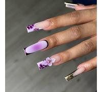 MouyouGlow Press on Nails Super Lang,Square 3D Gold Wavy French Lila Hibiscus Flores Floral Aura Fake Nails with Nail Glue,Pétalos Tips Y2K Coquette Artificial Fingernails
