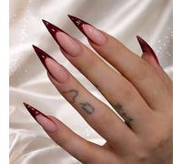 MouyouGlow - Puntas falsas uñas largas, color rojo Burgundy French Design Press on Nails, Wine Red Tips Shiny Pure Colour Otoño Invierno INS Falso Nails para mujer
