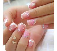 MouyouGlow - Uñas falsas cortas cuadradas de color rosa blanco francés con corazón Valentine Day Diamant Design Short Press on Nails, Pink White Tips Heart Crystal Love Sweet INS Fake Nails