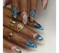 MouyouGlow - Uñas postizas cortas, color almendra azul y oro, oro, francés, 3D, estrella, mar, mar, océano, gato, ojo magnético brillante, diseño corto de presión en uñas, color azul