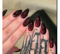 MouyouGlow - Uñas postizas cortas, color rojo oscuro, burdeos, unicolor Cat Eye Press on Nails con pegamento, Dark Wine Red Phototherapy Fake Nails