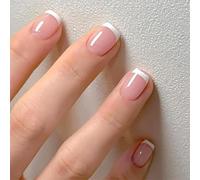 MouyouGlow - Uñas postizas cortas cuadradas blancas French Sheer Nudo Rosa Base Design Press on Nails,White Tips Natural Pink Estate INS Artificial Acryl Fake Nails