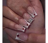 MouyouGlow - Uñas postizas medianas largas, diseño de bailarina, color blanco Kawaii, perla francesa 3D Crystal Kitty Kuro mi cartón corazón Y2K Coquette prensa en uñas con pegamento de uñas, White