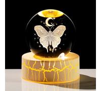 Movdyka Figura de mariposa 3D de cristal con luna de 2.36 pulgadas, bola de brujería, regalos para mujeres, esfera coleccionable de vidrio con base de luz cálida para niñas, amantes de las mariposas
