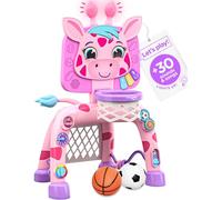 Move2Play, Aro de baloncesto de jirafa y centro de actividades de portería de fútbol | Más de 30 sonidos y canciones + 5 luces | Regalo de cumpleaños de 1, 2, 3 años para niños y niñas, juguete para