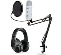 Movo Kit de podcast de micrófono de escritorio con auriculares de estudio, soporte y escudo de micrófono, micrófono USB-C Android y de computadora para transmisión, podcasts, auriculares sobre la
