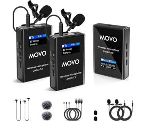 Movo Lingo-Duo - Sistema de micrófono Lavalier inalámbrico UHF de 48 canales para cámara, micrófono Lav compatible con cámaras Canon EOS, Nikon y Sony DSLR para hacer películas, vlogging, entrevistas,
