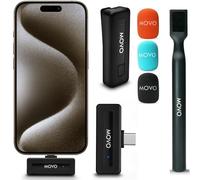 Movo Micrófono inalámbrico Mini UC ultra compacto para iPhone 15 con adaptador de mano WMX-HM, micrófono de solapa con soporte de mango para creadores de contenido, entrevistas, informes y más