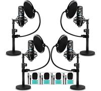 Movo Paquete de 4 micrófonos universales XLR para podcast, incluye 4 micrófonos de condensador cardioide, soportes de micrófono de escritorio, filtros pop, soportes de choque y cables para zoom,