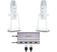 Movo Paquete de equipos de podcast USB para 2 - Interfaz USB con 2 micrófonos de condensador UM700 - Hub alimentado de 4 puertos para transmisión, podcasting, entrevistas (blanco)