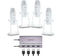 Movo Paquete de equipos de podcast USB para 4 - Interfaz USB con 4 micrófonos de condensador UM700 - Hub alimentado de 4 puertos para transmisión, podcasting, entrevistas (blanco)
