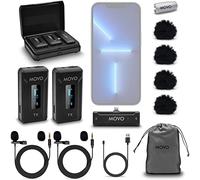 Movo - WMX-2-L-DUO Micrófono de Solapa inalámbrico Dual para iPhone con Estuche de Carga, micrófonos Integrados, micrófonos de Solapa con Clip, batería 7HR, Rango de 328', Ganancia Ajustable