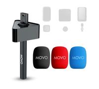 Movo WMX-HM-2 - Mango de micrófono inalámbrico con bandera de micrófono, agarre de mano para DJI Mic, Rode GO II, incluye soporte para micrófono Lav, adaptador y 3 parabrisas, para entrevistas