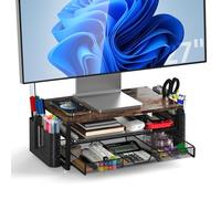 MOWETOO Soporte para monitor con 2 niveles, soporte para impresora, soporte para monitor con plataforma de rejilla, cajón y soporte para bolígrafos, adecuado para portátiles, ordenadores, PC (Wooden)