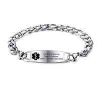 MOWOM Medical Alerta Pulsera Grabado Personalizado Alergia Vida Identificación Nombre ID para Hombres Mujer Acero Inoxidable (Plata Color Llanura Etiqueta & Plata Color Figaro Cadena)