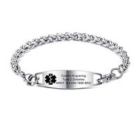 MOWOM Medical Alerta Pulsera Grabado Personalizado Alergia Vida Identificación Nombre ID para Hombres Mujer Acero Inoxidable (Plata Color Llanura Etiqueta & Plata Color Trigo Cadena)