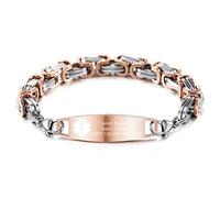 MOWOM Medical Alerta Pulsera Grabado Personalizado Alergia Vida Identificación Nombre ID para Hombres Mujer Acero Inoxidable (Oro Rosa Color Llanura Etiqueta & Plata Oro Rosa Color Bizantino Cadena)