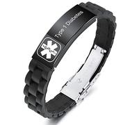 MOWOM Medical Pulsera Personalizada de Silicona grabada ID de identificación de Alerta Ajustable para Hombres, Mujeres, niños, Caucho de Acero Inoxidable (Negro Type 1 Diabetes)