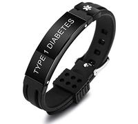 MOWOM Medical Pulsera Personalizada de Silicona grabada ID de identificación de Alerta Ajustable para Hombres, Mujeres, niños, Caucho de Acero Inoxidable (Negro Type 1 Diabetes)