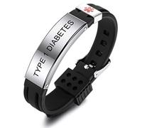 MOWOM Medical Pulsera Personalizada de Silicona grabada ID de identificación de Alerta Ajustable para Hombres, Mujeres, niños, Caucho de Acero Inoxidable (Negro Type 1 Diabetes)