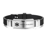 MOWOM Medical Pulsera Personalizada de Silicona grabada ID de identificación Deportiva Ajustable Identificación para Hombres Mujeres Niños Acero Inoxidable (Negro, Penicillin Allergy)