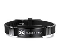 MOWOM Medical Pulsera Personalizada de Silicona grabada ID de identificación Deportiva Ajustable Identificación para Hombres Mujeres Niños Acero Inoxidable (Negro, Blood Thinner)