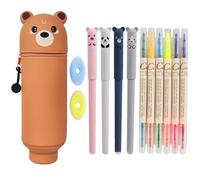 Mowtential 13 PCS Estuche Escolar 2 en 1 de Silicona Blanda Set, Estuche PortáTil para LáPices con CordóN, Impermeable, FáCil de Limpiar, Portamatite, PráCtico Regalo Escolar para NiñOs (Osito)