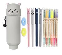 Mowtential 13 PCS Estuche Escolar 2 en 1 de Silicona Blanda Set, Estuche PortáTil para LáPices con CordóN, Cierre de Cremallera, Bonito Estampado de Animales, Regalo Ideal para NiñOs (Gatito)