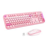 MOWUX - Combo de teclado y mouse inalámbricos, tamaño completo, máquina de escribir retro, redondo, bonito mouse óptico inalámbrico, Plug and Play, para laptop, PC, computadora, corazón rosa