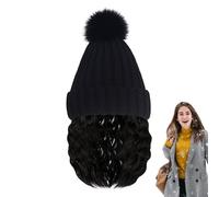 Moxeupon Gorro con cabello integrado - Sombrero de punto con peluca integrada, gorro sin bordes transpirable, accesorio de moda de invierno para viajes, ocio al aire libre y uso diario, Negro