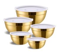 Moxinox Cuencos dorados para mezclar con tapas herméticas, juego de 5 cuencos de acero inoxidable, ideales para hornear, preparar y servir alimentos, tamaño 5.5, 3.6, 2.7, 2.1, 1.5, QT, diseño