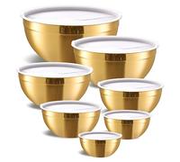 Moxinox Cuencos dorados para mezclar con tapas herméticas, juego de 7 cuencos de mezcla de acero inoxidable, ideales para hornear, preparar y servir alimentos, tamaño 7, 3.6, 2.7, 2.1, 1.5, 1.1, 0.8