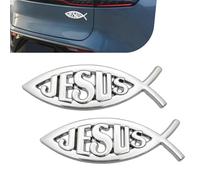 MOXRUQ 2 calcomanías de pez de Jesús, 3.94 x 1.31 pulgadas, calcomanía 3D de Jesús cristiano, símbolo de pez, insignia de aleación de zinc, impermeable, decoración universal para coches, ventanas