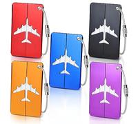 MOXYOY Juego de 5 etiquetas de metal para equipaje, etiquetas de identificación de maleta de viaje de aluminio duradero con bridas de acero inoxidable y tarjetas de PVC impermeables