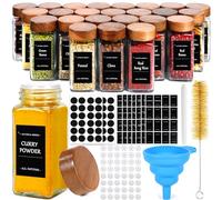 MOYKSRR 24 Piezas Botes Especias Cristal, Cuadrado Spice Jars con Tapa de Madera, 120ml Frascos Especiarias, Botes Especieros, Spice Jars incluir Tamiz, Cepillo Limpieza, Embudo, Etiquetas y Bolígrafo