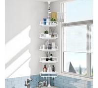 MOYKSRR Blanco Estanteria Baño, Repisa de Ducha Regulable en Altura 100-310 cm, sin Taladro con Barra Telescópica, Telescópica Estanteria Ducha con 5 Cestas y 1 Toallero y 4 Ganchos