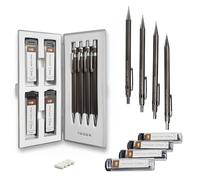 MozArt Supplies Estuche de Portaminas - 4 Tamaños: 0.3, 0.5, 0.7 y 0.9 mm, 30 Minas HB (por cada Lápiz Mecánico)- 4 Borradores - Dibuja, Ilustra, Para Arquitectura, Escritura y Trabajo Escolar