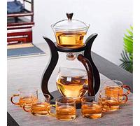 Mozeo Tetera de vidrio semiautomática con tapa giratoria para atraer flujo de agua, juego de tetera de vidrio de madera con 6 cuencos (tetera con 6 cuencos)