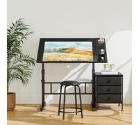 Moziel Mesa de Dibujo con Altura Ajustable, 0-60° Tablero Inclinable, Mesa de Pintura Arquitecto Estudio Dibujo Escritorio para Computadora con Taburete para Oficina Casa (Negro con Cajón)