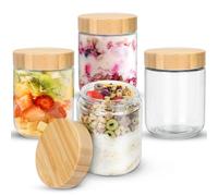 Mozvvco 4 Tarros de Comida Preparada 500ml Tarros de Avena con Tapa, 16oz Tarros de Cristal con Tapa de Rosca, Bote Cristal Hermetico para Yogur,Batido,Avena,Mermelada,Especias,Preparación de Comidas