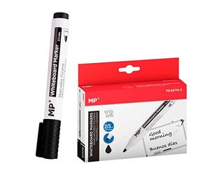 MP, Rotuladores Pizarra Blanca, Marcadores para Pizarras Blancas, Rotuladores Borrables, Larga Duración, Punta Media 2-3 mm de Trazo, Óptimo para Uso Escolar, Hogar y Oficinas, Blíster de 12, Negro